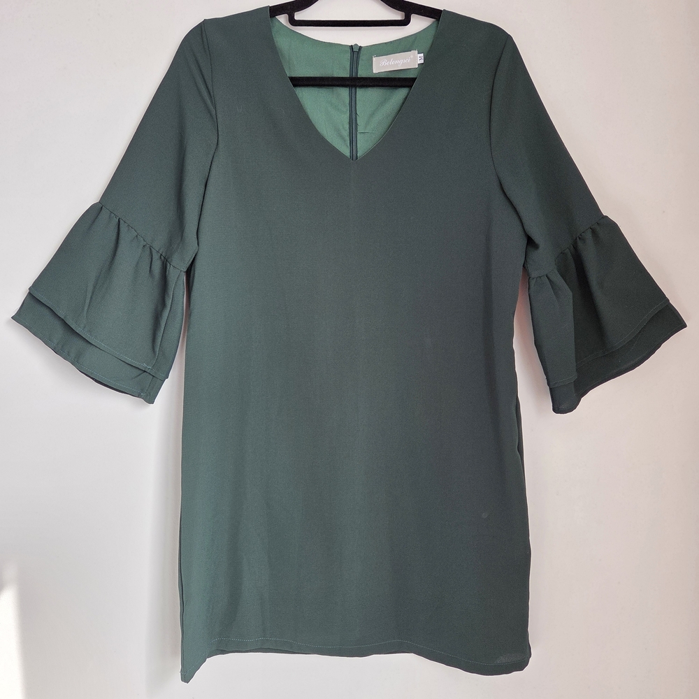 Belongsci Dark Green Loose Fit Shift Mini Dress 3/4 Tiered Bell Sleeve Size M